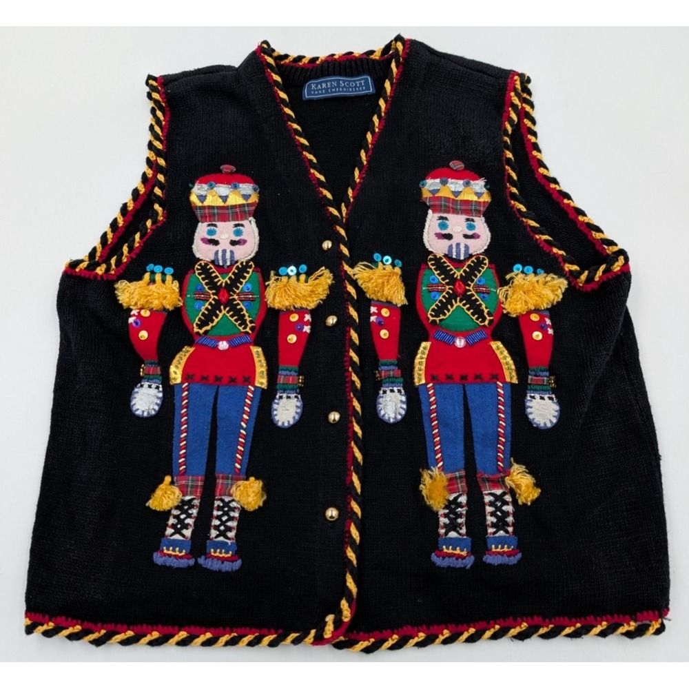 Karen Scott Womens Embroidered Applique Nutcracker Christmas Sweater Vest Size L